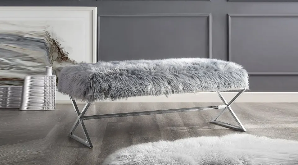 Luxury Silver Metal Leg Plush Bench