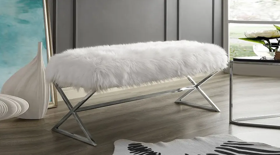 Luxury Silver Metal Leg Plush Bench (White)