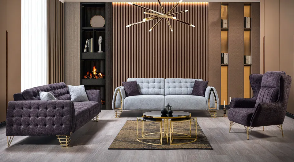 Tutku Gold Metal Leg  Sofa Set