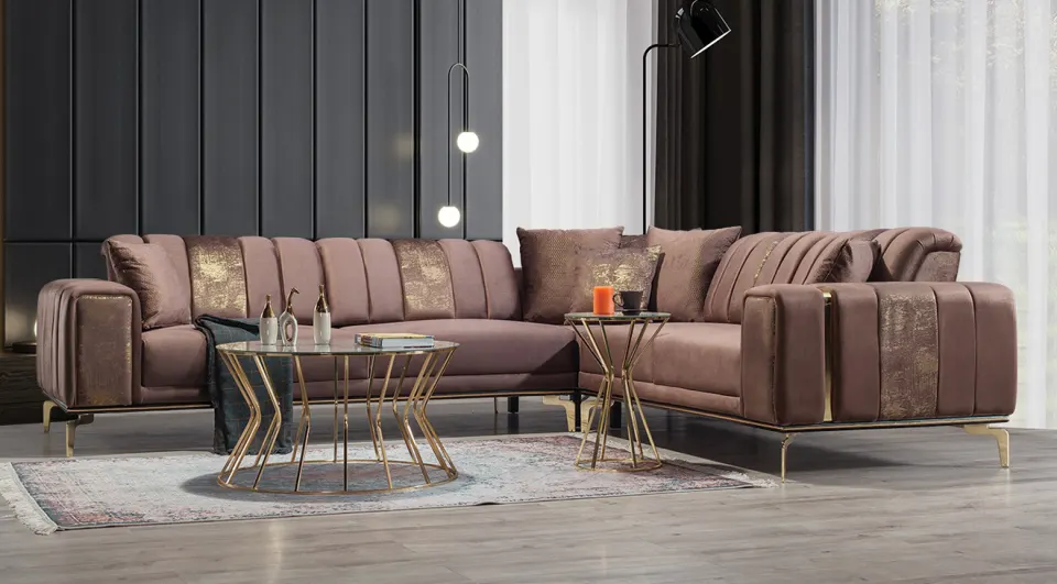 Eva Gold Metal Legs Beded Corner Sofa Set
