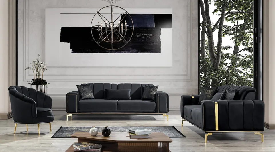 Eva C Gold Metal Leg Bed Sofa Set