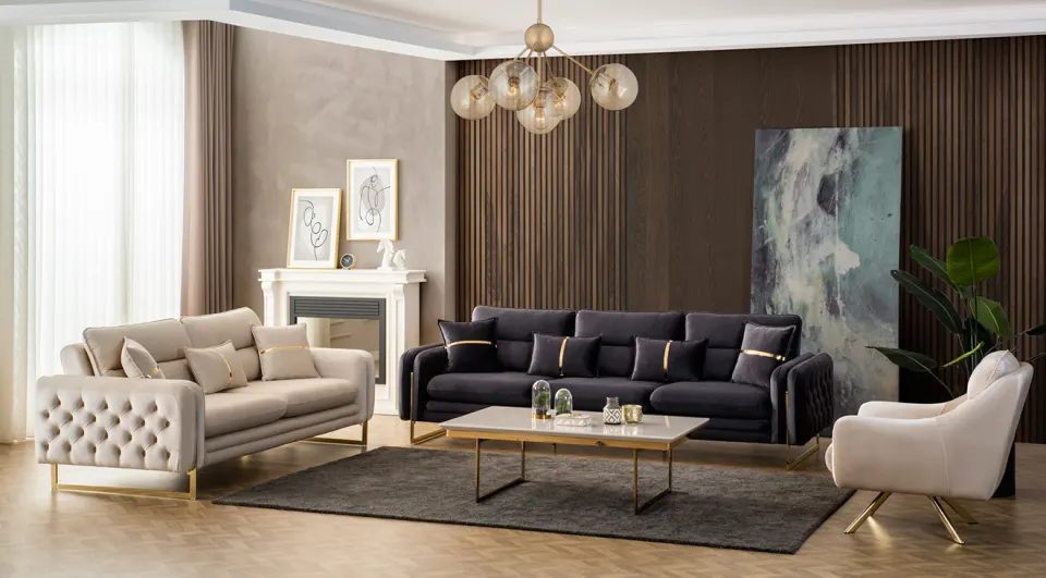 Pars Gold Metal Leg Bed Sofa Set