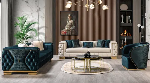 Royal Green Cream Luxury Gold Metal Leg Sofa Set