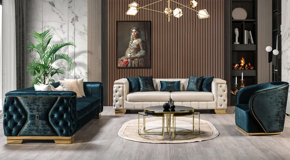 Royal Green Cream Luxury Gold Metal Leg Sofa Set