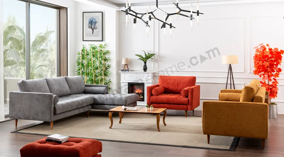Retro Wooden Leg Corner Sofa Set