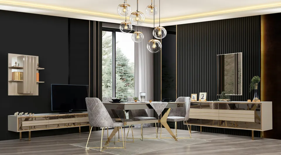 Quantum Desert Sand Gold Metal Leg Dining Room Set