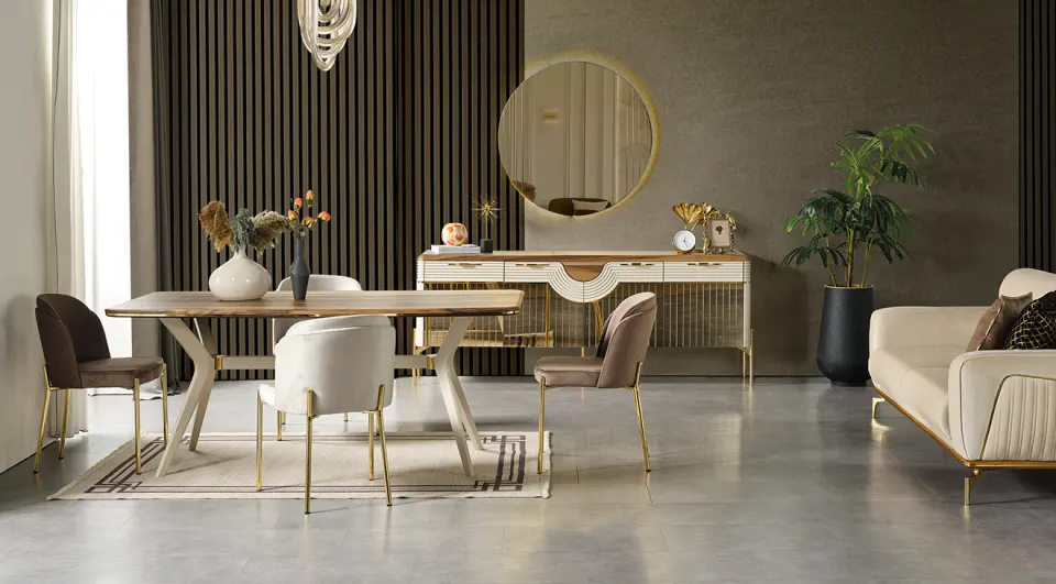 Loca Gold Metal Leg Dining Room Set (Moonstone)