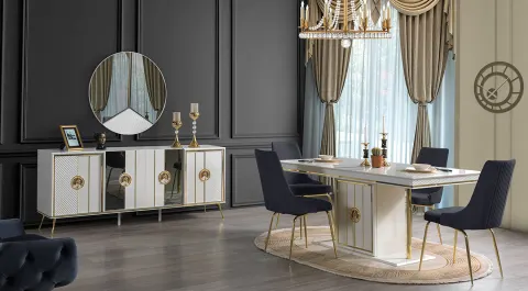 Nil Gold Metal Leg Dining Room Set (Ecru)