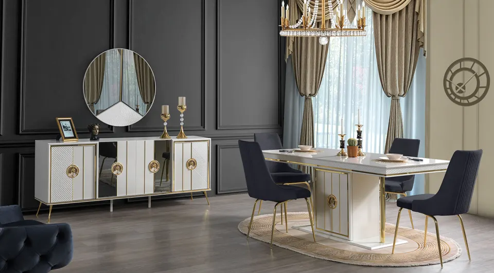 Nil Gold Metal Leg Dining Room Set (Ecru)