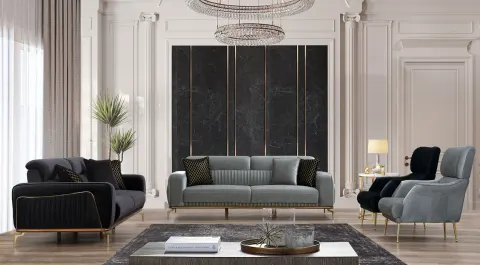 Lotus Gold Metal Leg Sofa Set
