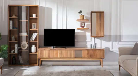 Mos Walnut Wooden Leg Tv Unit