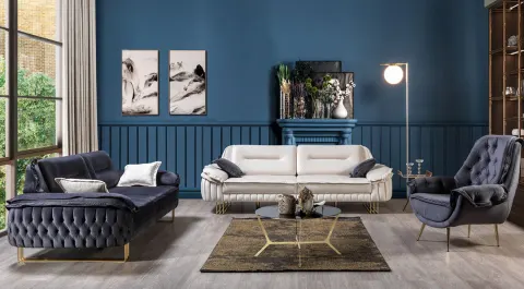 Lexus Beded Gold Metal Leg Sofa Set