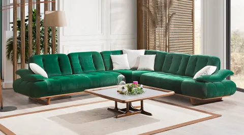 Maserati Walnut Wooden Leg Corner Sofa Set