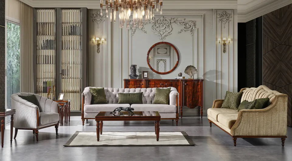 Crown Walnut Wooden Leg Sofa Set