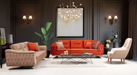 Hera Orange Cream Wooden Leg Sofa Set