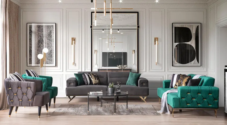 Armada Gold Metal Leg Sofa Set