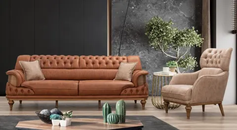 Tugra Wooden Legs Orange Sofa Set