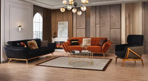 Seray Gold Metal Leg Sofa Set
