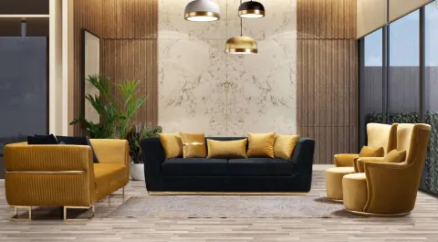 Versace Yellow Gold Metal Leg Sofa Set