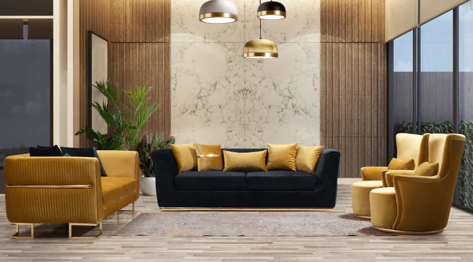 Versace Yellow Gold Metal Leg Sofa Set