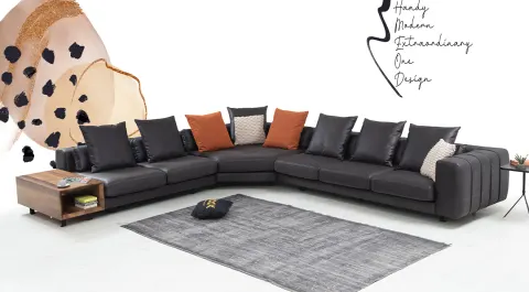 Soft Black Metal Leg Corner Sofa Set