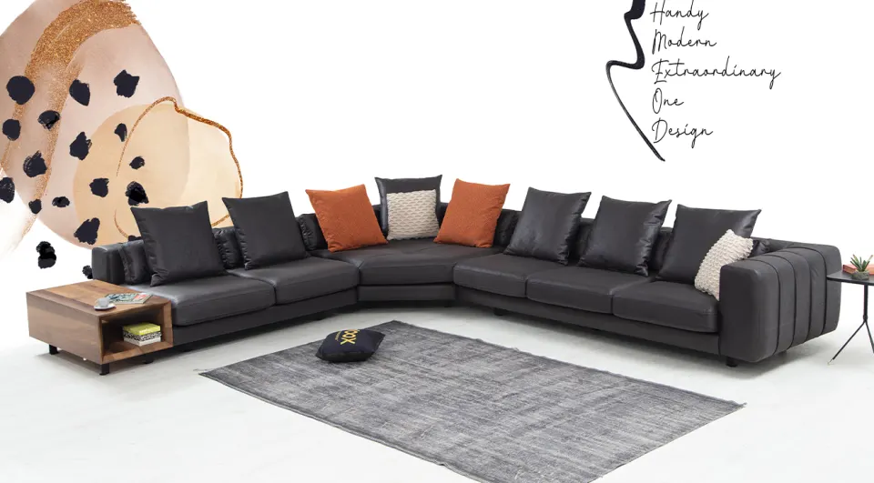 Soft Black Metal Leg Corner Sofa Set