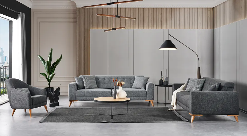 Nesta Gray Wooden Legs Modern Sofa Set