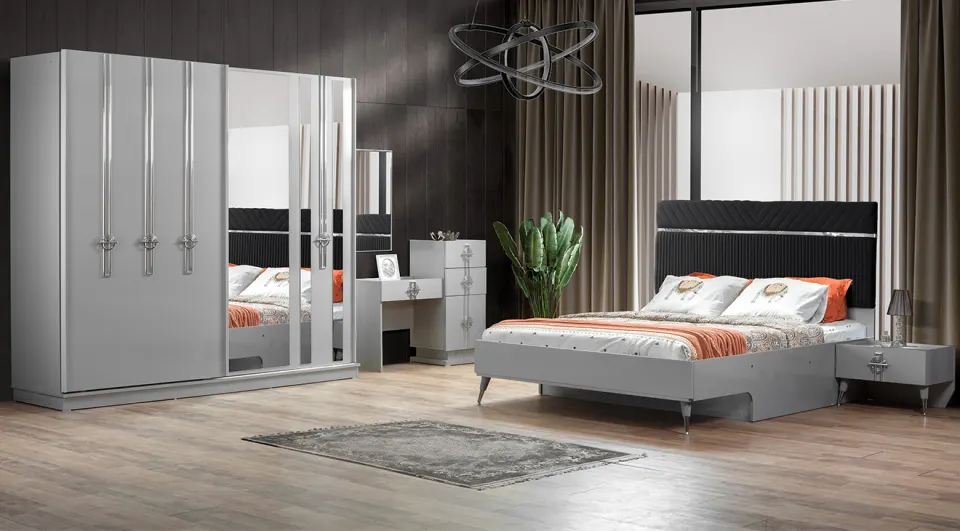 Ege Gray Sliding Door Bedroom Set (Metallic Chrome)
