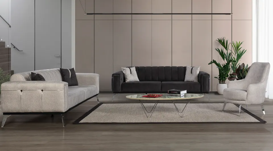 Still Silver Metal Leg Sofa Set