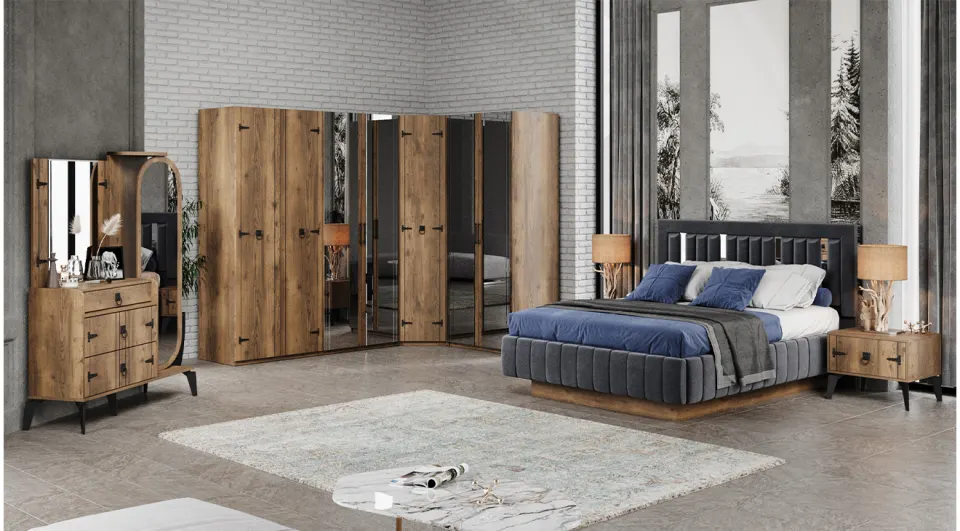 Kamer Walnut Corner Wardrobe Bedroom Set