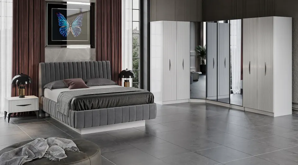 Umraniye Fog Gray Corner Wardrobe Bedroom Set