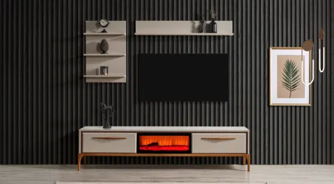 Kumsal Walnut Wooden Leg Fireplace Tv Unit