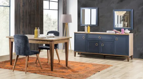 Melis Navy Blue Wooden Leg Dining Room Set