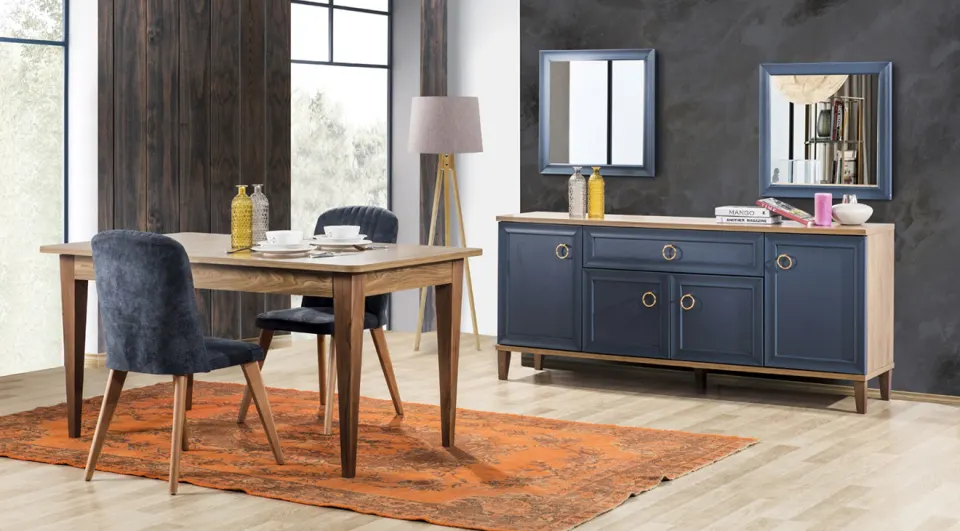 Melis Navy Blue Wooden Leg Dining Room Set