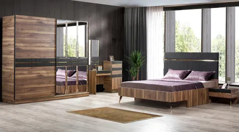 Ege Walnut Sliding Door Bedroom Set