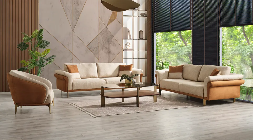 Defne Gold Metal Legged Modern Sofa Set