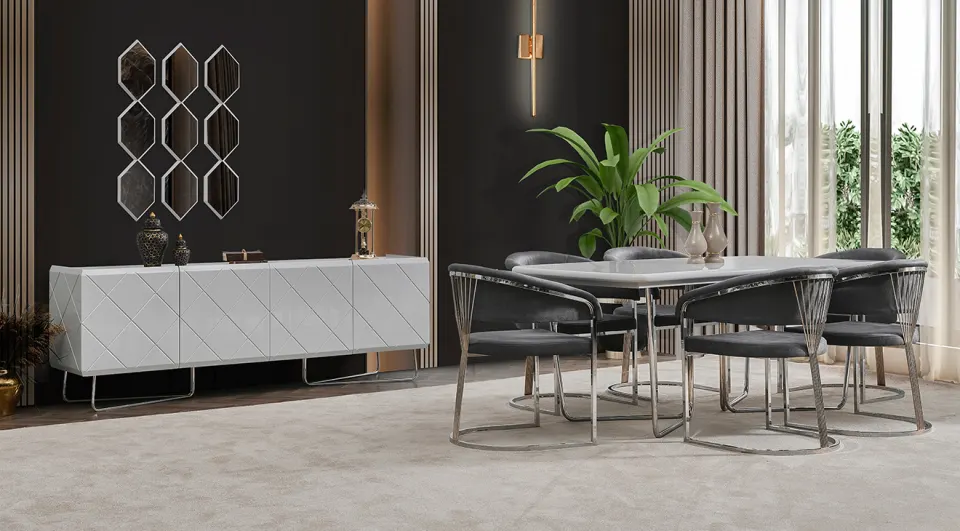 Cleopatra Silver Metal Legged Dining Room Set