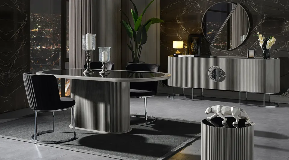 Gucci Smoke Gray Metal Leg Dining Room Set