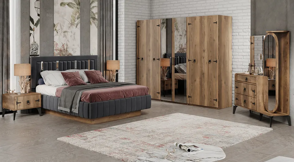 Kamer Walnut 6 Door Bedroom Set