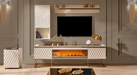 Metalica Ecru Gold Luxury Fireplace TV Unit
