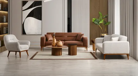 Kumsal Wooden Leg Sleeper Sofa Set