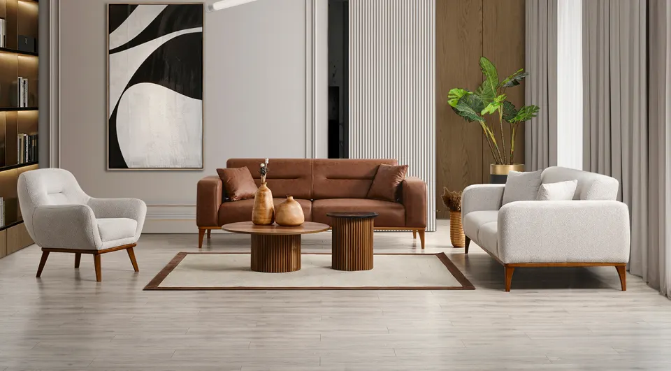 Kumsal Wooden Leg Sleeper Sofa Set