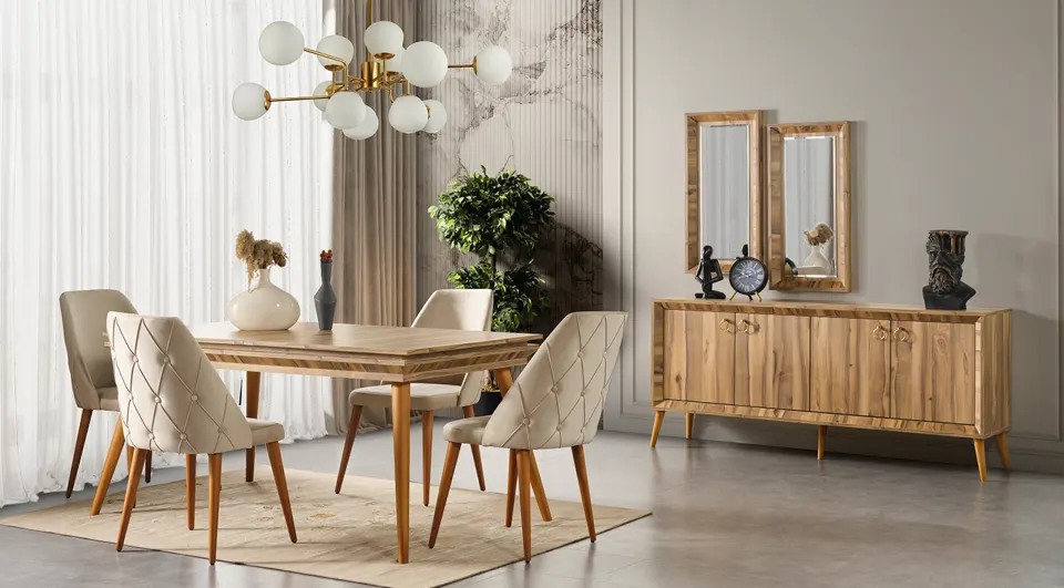Anadolu Walnut Wooden Leg Dining Room Set