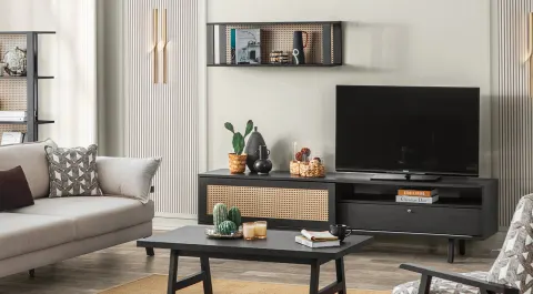 Rattan Dark Wooden Leg Tv Unit