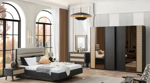 Rattan Dark Sliding Door Bedroom Set