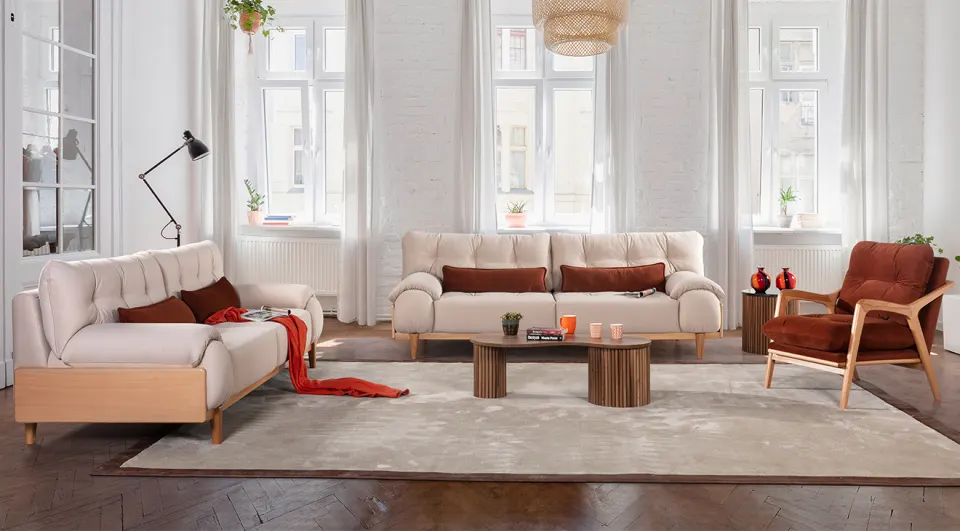 Assos Wooden Leg Sofa Set