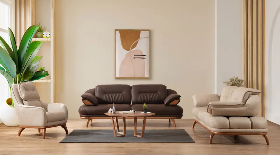 Mila Sofa Set with Wooden Legs and Bed
