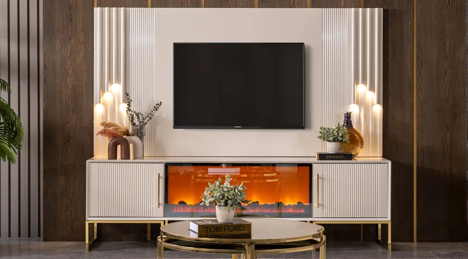 Rose Fireplace Gold Metal Leg TV Unit