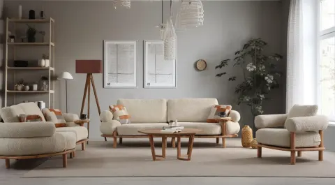 Zumre Wooden Leg Bohemian Sofa Set