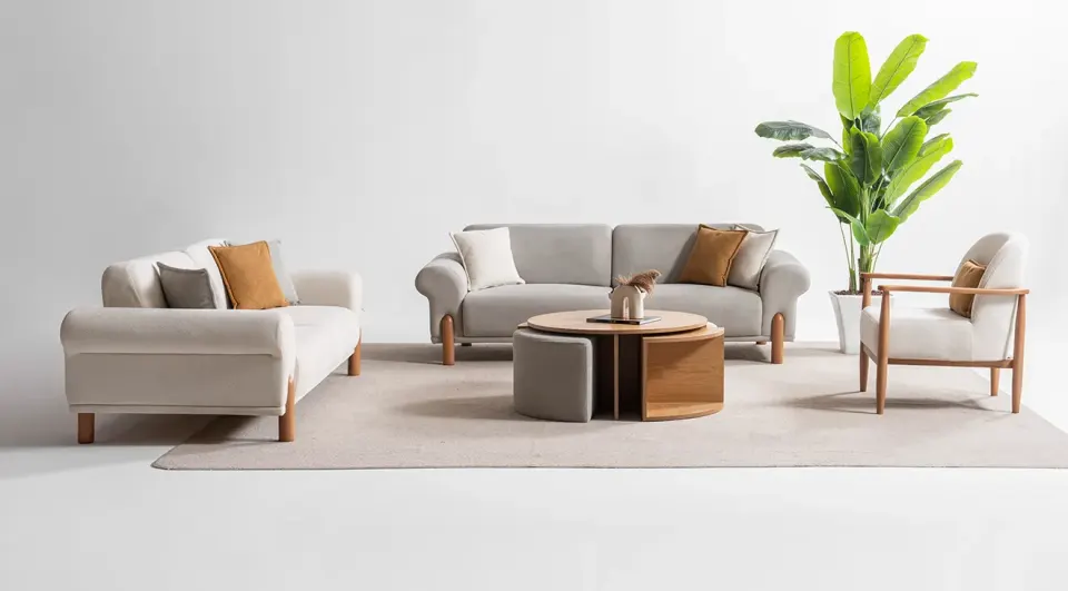 Olimpos Wooden Leg Bohemian Sofa Set